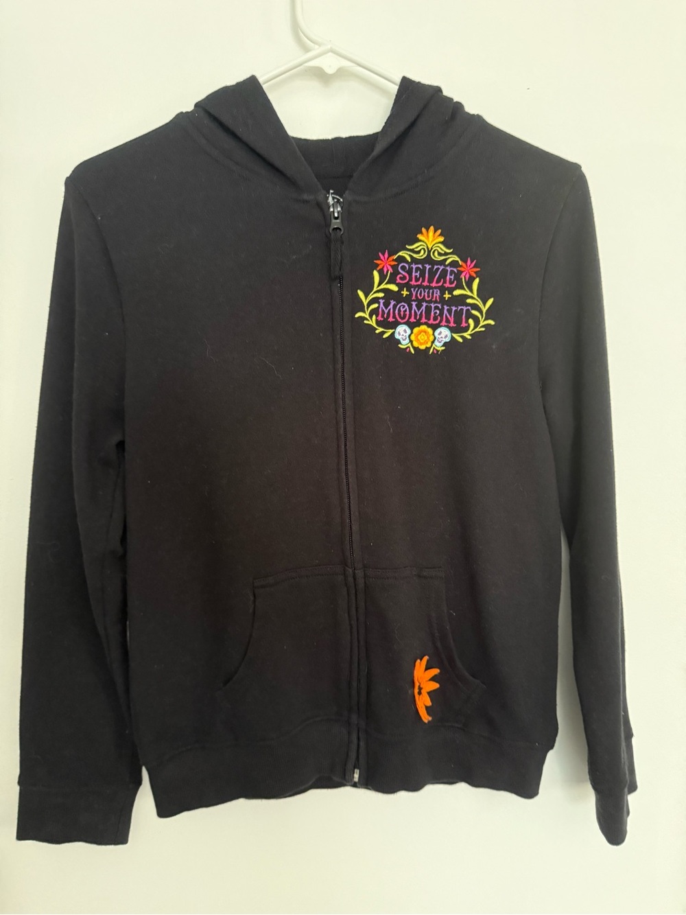 Disney’ Coco Black Zip-Up Hoodie with Colorful "Seize Your Moment" Embroidery